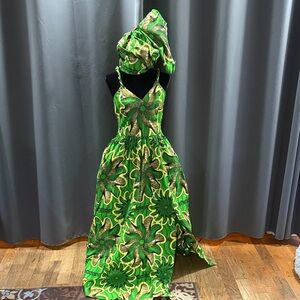 African Print Maxi Dress with Head wrap Size Medium